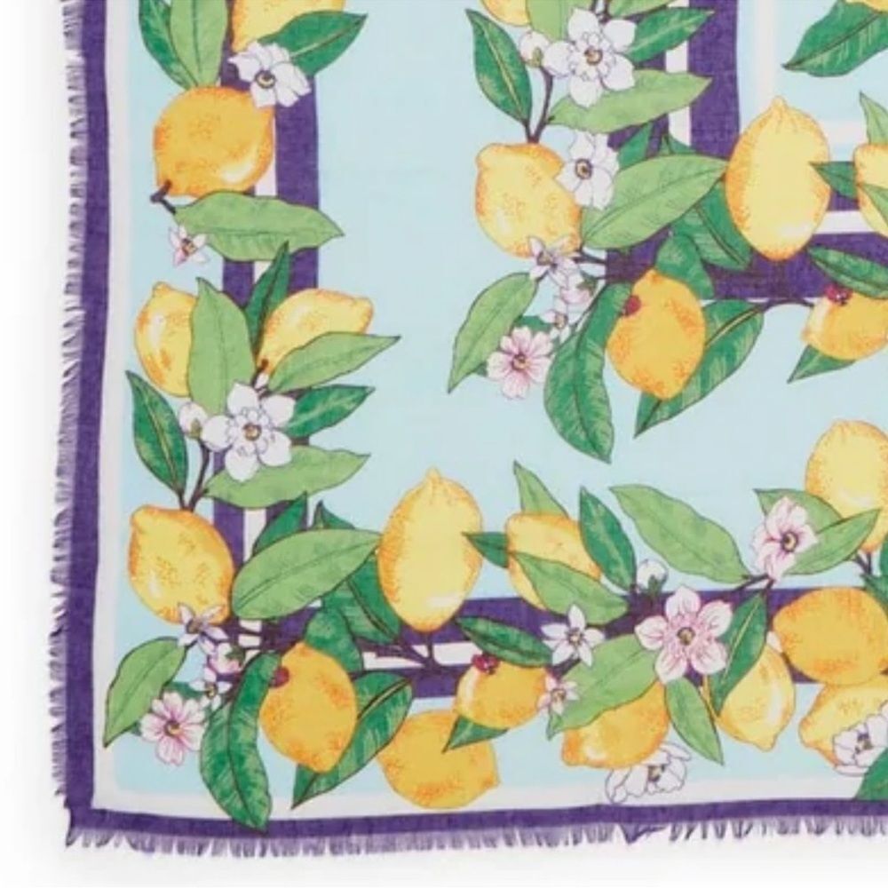 Vera Bradley Lemon Grove Blue Yellow Green Purple White Blossoms Fringe Scarf - Picture 8 of 13
